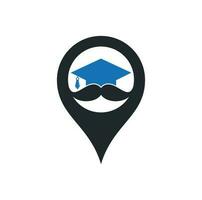 bigode educação mapa pin forma logotipo conceito. modelo de design de logotipo de educação forte. formatura de chapéu com design de ícone de bigode. vetor