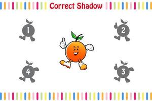 jogos infantis encontram o mascote de fruta sombra correto, jogo de correspondência para crianças, planilha para impressão de jogos educativos para crianças, estilo de desenho animado de ilustração vetorial vetor