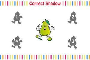 jogos infantis encontram o mascote de fruta sombra correto, jogo de correspondência para crianças, planilha para impressão de jogos educativos para crianças, estilo de desenho animado de ilustração vetorial vetor