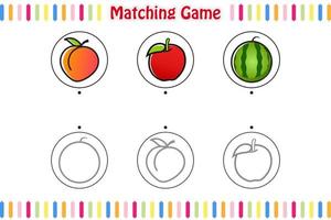 jogo de correspondência para crianças, encontre e combine o contorno correto de frutas, planilha para impressão de jogos educativos para crianças, estilo de desenho animado de ilustração vetorial vetor