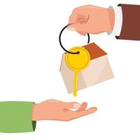 ilustração com as mãos de dois homens e uma chave do objeto de propriedade. empréstimo hipotecário, aluguel, compra, presente, propriedade, ilustração plana de propriedade com as duas mãos e a chave. vetor