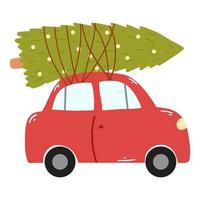 carro vermelho retrô com árvore de natal em estilo simples de desenho animado. ilustração vetorial desenhada à mão para impressão, cartão, pôster, panfleto vetor