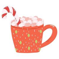 caneca fofa com marshmallows e pirulito em estilo cartoon. ilustração vetorial desenhada à mão de copo vermelho com árvore de natal, bebida quente. vetor