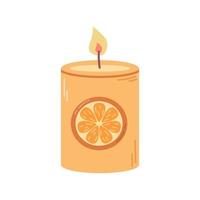 vela de aroma acesa com fatia de laranja em fundo branco, ilustração vetorial plana vetor