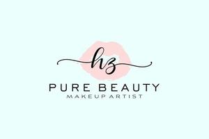 design de logotipo pré-fabricado de lábios em aquarela inicial hz, logotipo para marca de negócios de maquiador, design de logotipo de boutique de beleza blush, logotipo de caligrafia com modelo criativo. vetor