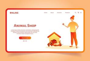 página de destino para pet shop. loja online de animais. loja de cachorro e gato. cuidados com animais de estimação. tela para ui, web. estilo de desenho animado plano. vetor