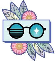 design de óculos de sol com azul e preto acompanhado por algumas flores mindinhos e algumas folhas de padrão azul vetor