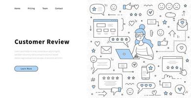 página de destino de doodle de vetor de classificação de revisão de cliente