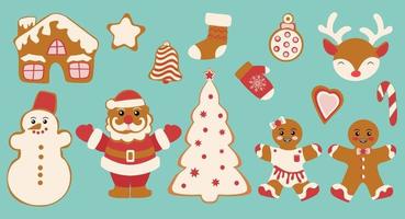 um conjunto de biscoitos de gengibre. biscoitos festivos de natal. feliz natal decoração. celebração do ano novo e natal vetor