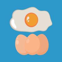 ovo frito e ovos com casca em um fundo azul. uma porção plana de ovo frito vetor
