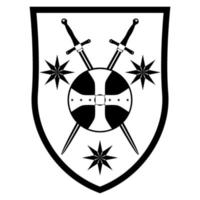 escudo heráldico cruz espadas crista. brasão medieval e emblemas de cavaleiros. ilustração vetorial de contorno isolada no fundo branco. vetor