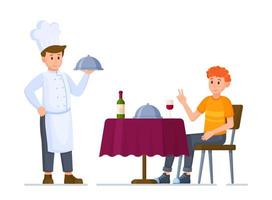 ilustração em vetor de um conceito de restaurante. mesa de restaurante moderna reservada com toalha de mesa, vinho, copo e prato sob cloche.