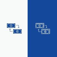 trocar negócios dólar euro finanças financeira linha de dinheiro e glifo ícone sólido linha de bandeira azul e vetor
