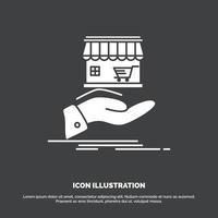 loja, doar, compras, online, ícone de mão. símbolo vetorial de glifo para ui e ux, site ou aplicativo móvel vetor
