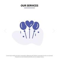 nossos serviços balão amor casamento coração ícone glifo sólido modelo de cartão web vetor