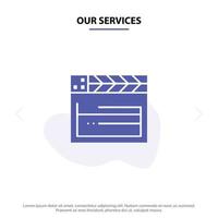 nossos serviços filme americano modelo de cartão web de ícone de glifo sólido de vídeo dos eua vetor