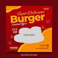 modelo de postagem de banner de mídia social de menu de comida e hambúrguer super delicioso vetor