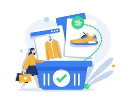 cesta e roupas, entrega de compras, conceito de compras online vetor