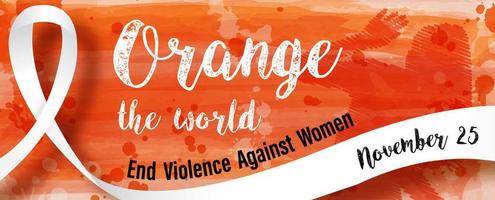 fita branca com laranja as letras do mundo e redação sobre o dia internacional para a eliminação da violência contra as mulheres com slogan e o dia do evento em design de pôster e vetor. vetor