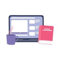 treinamento on-line, livro de lição de casa para laptop e xícara de café, educação e cursos de aprendizado digital vetor