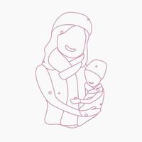 vista oblíqua de estilo de contorno editável de mulher carregando uma criança na ilustração vetorial de temporada de inverno para elemento de arte do dia das mães ou design relacionado à feminilidade vetor
