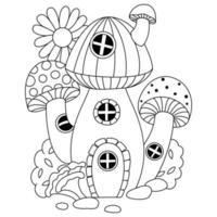 Páginas para colorir de linda casa de cogumelo colorida e flores na arte do contorno superior vetor
