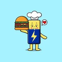 personagem de chef de bateria bonito dos desenhos animados segurando hambúrguer vetor
