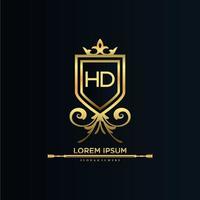 letra hd inicial com royal template.elegant com vetor de logotipo de coroa, ilustração em vetor de logotipo de letras criativas.