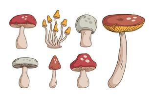 conjunto de doodle colorido de cogumelo. vários cogumelos desenhados à mão. vetor