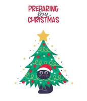 modelo para cartão de natal, banner ou cartaz com árvore de natal e gato preto fofo escondido nele com inscrição preparando-se para o natal vetor