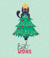 cartão de natal, banner ou modelo de cartaz com árvore de natal e gato preto fofo sentado em cima com letras de melhores desejos vetor