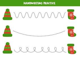 linhas de rastreamento para crianças. boné e meia de natal. prática da escrita. vetor