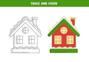 traçar e colorir a casa de neve bonito dos desenhos animados. planilha para crianças. vetor