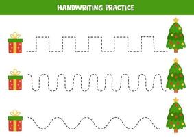 linhas de rastreamento para crianças. árvore de natal e caixa de presente. prática da escrita. vetor