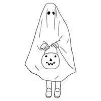 arte de linha mínima de criança vestindo o conceito de travessuras ou travessuras de fantasia de halloween, estilo doodle desenhado à mão vetor