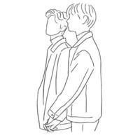 arte de linha mínima de casal gay de mãos dadas juntos no conceito de amor desenhado à mão para decoração, estilo doodle, lgbtq vetor