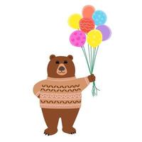 desenho de desenho vetorial de animal urso pardo vestindo suéter de fios de cor creme, de pé e segure balões coloridos amarelos, vermelhos, rosa, azuis e violetas sobre fundo branco vetor