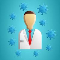médico, trabalhador médico em um jaleco branco do hospital e a doença mortalmente perigosa infecção por coronavírus covid-19 molécula de vírus pandêmico em um fundo azul vetor