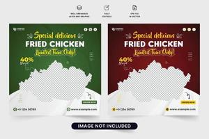 vetor de modelo de promoção de comida especial para marketing de restaurante. menu de comida deliciosa publicidade web banner design com fundos de cor verde e vermelha. vetor de postagem de mídia social do restaurante.