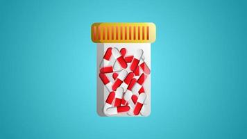 frasco de plástico branco médico para comprimidos e pílulas com cápsulas ovais vermelhas e brancas com medicamentos para o tratamento de doenças em um fundo azul vetor