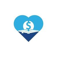 elemento de design de logotipo de ícone de forma de coração de livro de dinheiro. ícone de boneca e livro com logotipo vetor