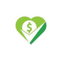 dinheiro cheque design de logotipo de conceito de forma de coração. design de símbolo de ícone de dinheiro. bom modelo de logotipo de pagamento vetor