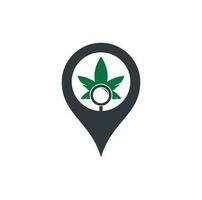 modelo de vetor de design de logotipo de forma de pino de mapa de pesquisa de cannabis. combinação de folha de maconha e logotipo de lupa. cânhamo e símbolo ou ícone de ampliação.