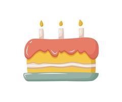 bolo de aniversário dos desenhos animados com velas acesas. pastelaria doce, sobremesa para festa de aniversário, celebração. elemento de design para parabéns, cartões. ilustração vetorial plana. vetor