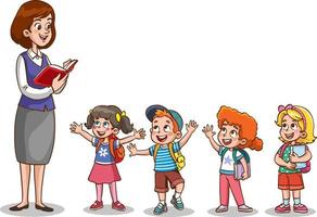 feliz bonito crianças menino e menina estudam com teacher.illustrations da vida escolar das crianças alegres. vetor
