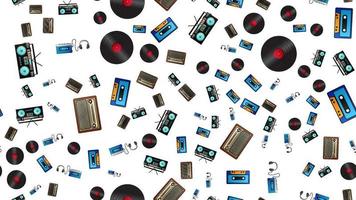 padrão perfeito de toca-fitas de áudio de música hipster retrô e gravadores de discos de vinil e rádio dos anos 70, 80, 90, 2000 em um fundo branco vetor