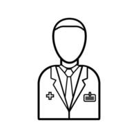 médico masculino em um jaleco branco com um crachá, profissional de saúde para o tratamento de doenças de pacientes, um simples ícone preto e branco sobre um fundo branco. ilustração vetorial vetor