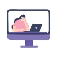 treinamento online, computador com mulher usando laptop, educação e cursos aprendendo digital vetor