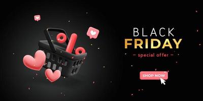Banner promocional de vetor 3d para venda de sexta-feira negra com cesta de loja, formas de coração e design de sinal de porcentagem