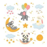 animais adormecidos bonitos boa noite grande conjunto de adesivos. corpos celestes, nuvens, estrelas, lua, panda, elefante, coelho e coala. pôster de berçário, cartão postal, impressão infantil, chá de bebê. ilustração vetorial. vetor